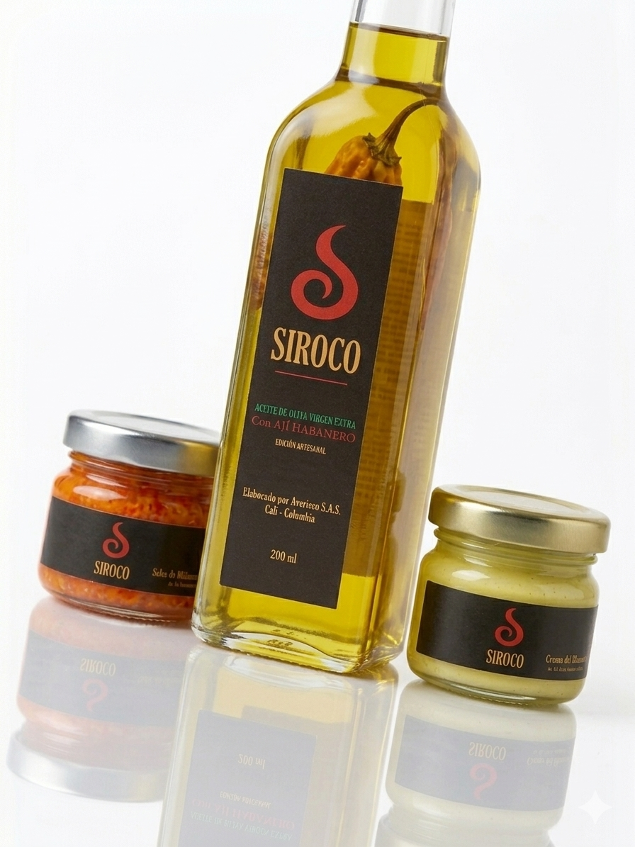 Botella SIROCO aceite de oliva con ají habanero junto a concentrados gourmet